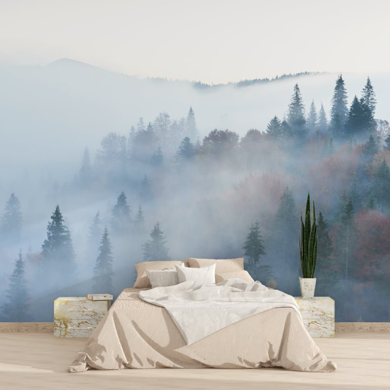 Serene mountain forest mural wallpaper showing misty pine trees in minimalist bedroom design