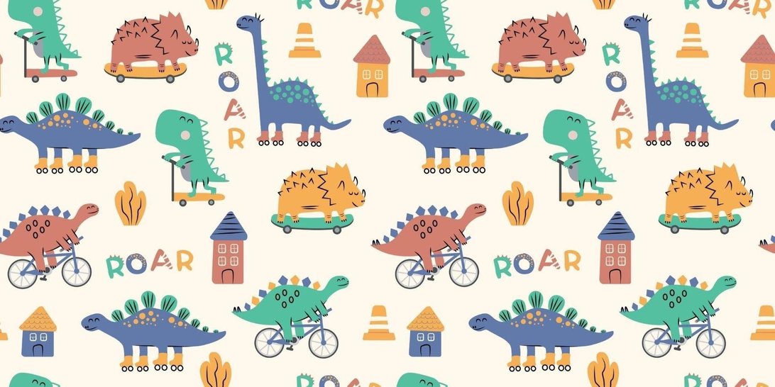 Seamless pattern of cute dinosaurs riding bicycles and skateboards on cream background mural wallpaper