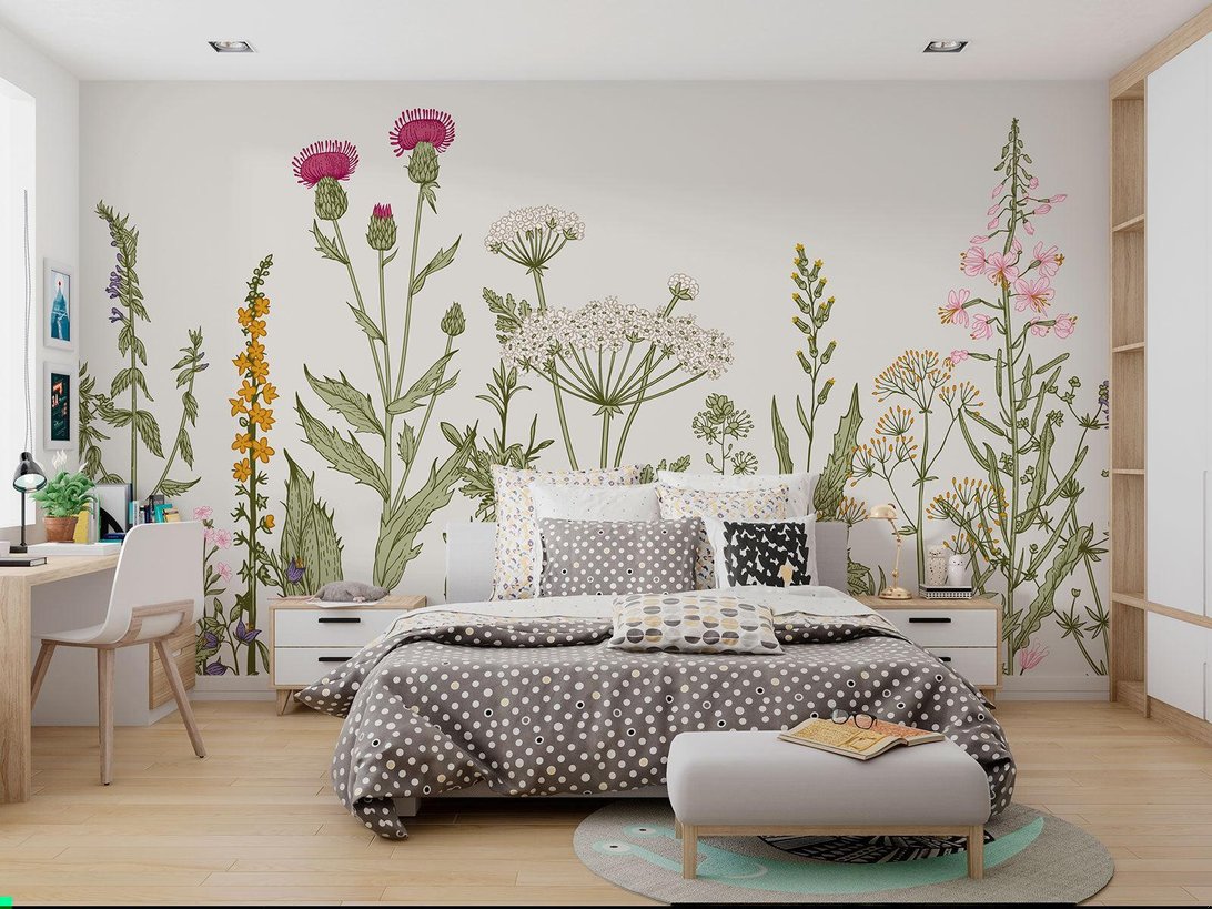 Wildflower mural wallpaper in bedroom setting