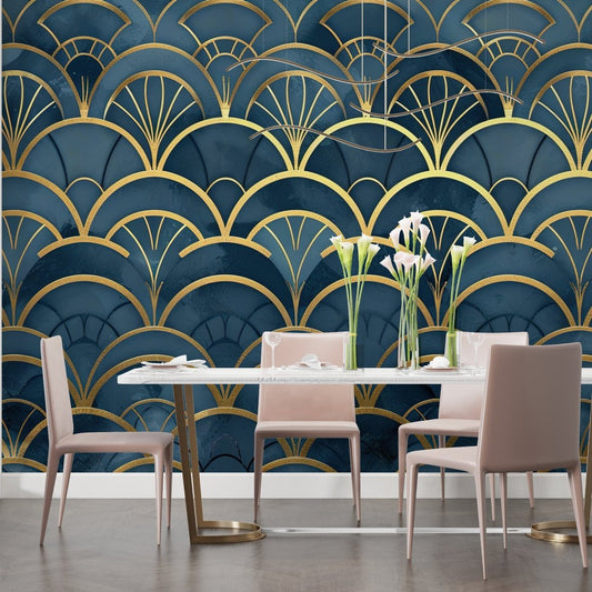 Art Deco mural wallpaper with golden fan pattern on deep blue, shown in elegant dining room setting