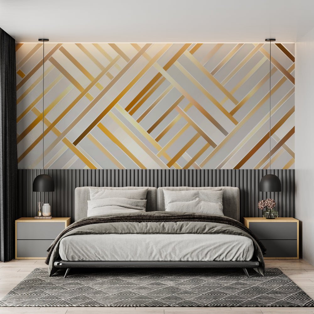Contemporary bedroom with Art Deco geometric mural wallpaper in gold and white