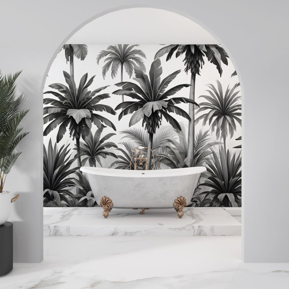 Black and white palm tree mural wallpaper interior design inspiration