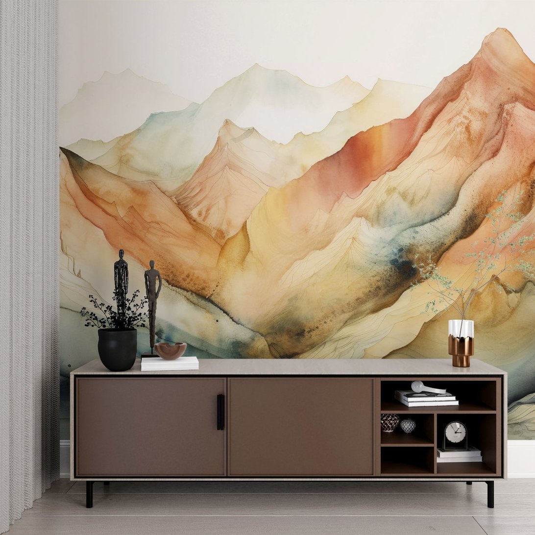 Terracotta mountain range wallpaper detail showing watercolor texture