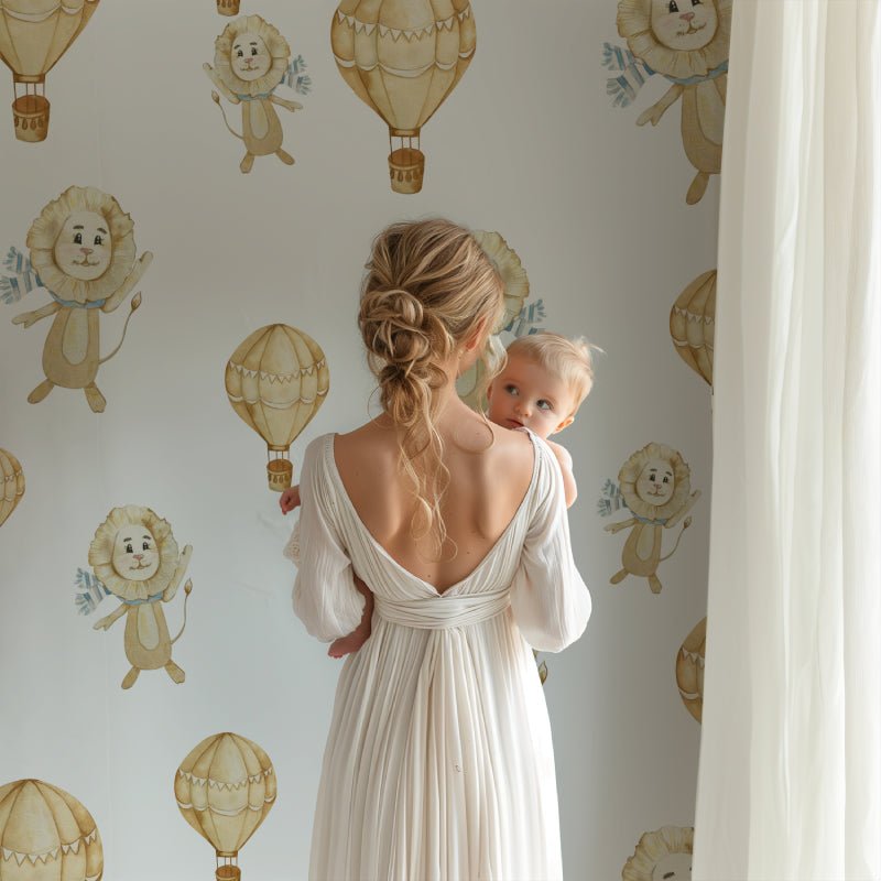 Lions and hot air balloons mural wallpaper showcased in nursery setting