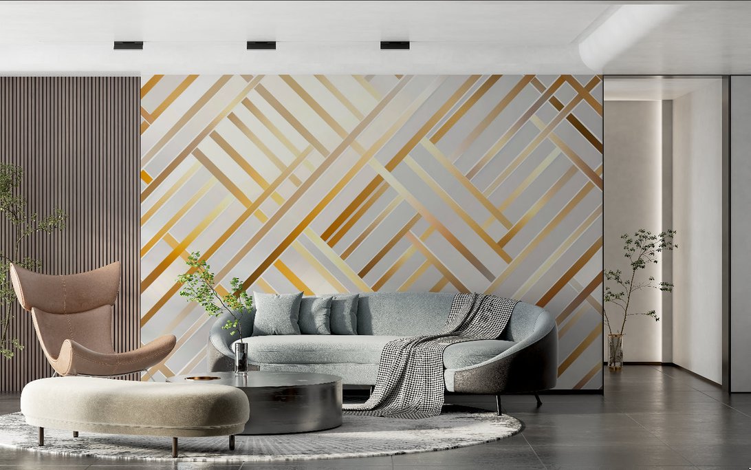 Art Deco inspired geometric mural wallpaper installation in modern interior