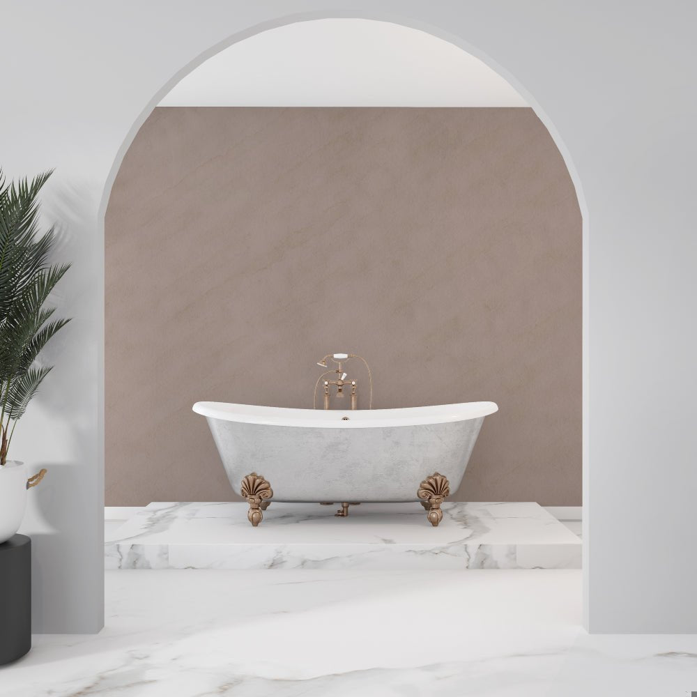Luxurious bathroom featuring taupe mineral texture wallpaper with classic clawfoot tub