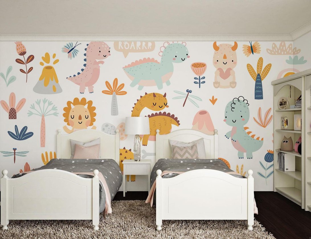 Twin bedroom decorated with pastel dinosaur wall mural featuring cute prehistoric creatures
