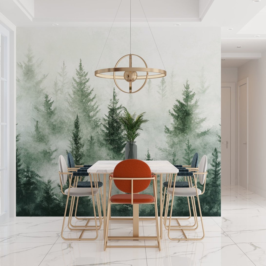 Detailed view of Misty Pine Forest mural wallpaper texture and design