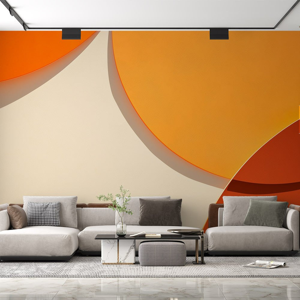 Modern abstract mural wallpaper with orange and terracotta circles in contemporary living room setting