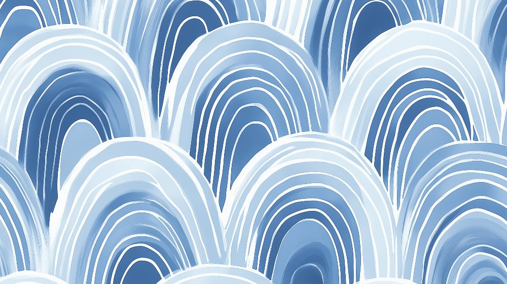 Close-up of Art Deco geometric arches pattern in blue and white showing intricate details