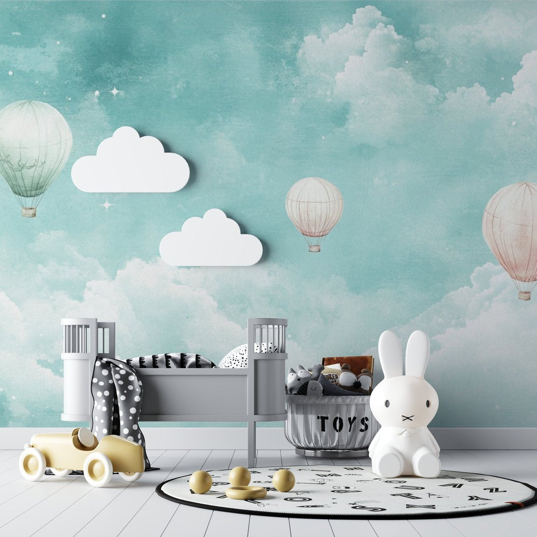 Modern nursery with hot air balloon mural wallpaper and contemporary decor