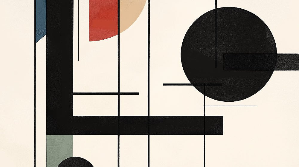 Close-up of modern geometric mural wallpaper pattern showing black circles and terracotta details