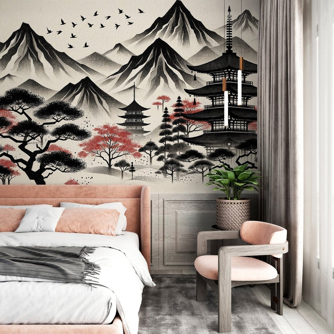Japanese temple and mountain landscape mural wallpaper with cherry blossoms in bedroom setting