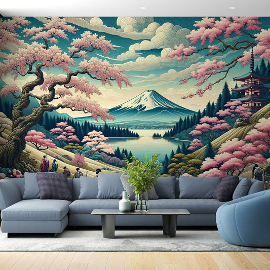 Japanese landscape mural wallpaper showing Mount Fuji with cherry blossoms and pagoda in traditional art style