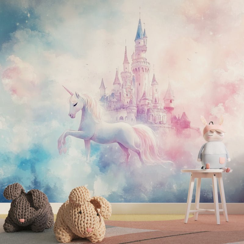Unicorn and fairy castle mural wallpaper displayed with decorative stuffed animals and nursery accessories