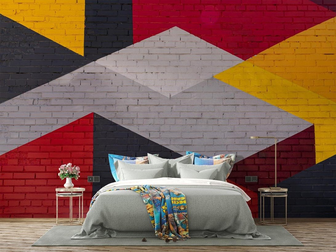 Diamond pattern brick mural wallpaper in contemporary room design
