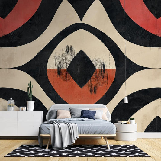 Art Deco geometric mural wallpaper in black and terracotta shown in modern bedroom setting