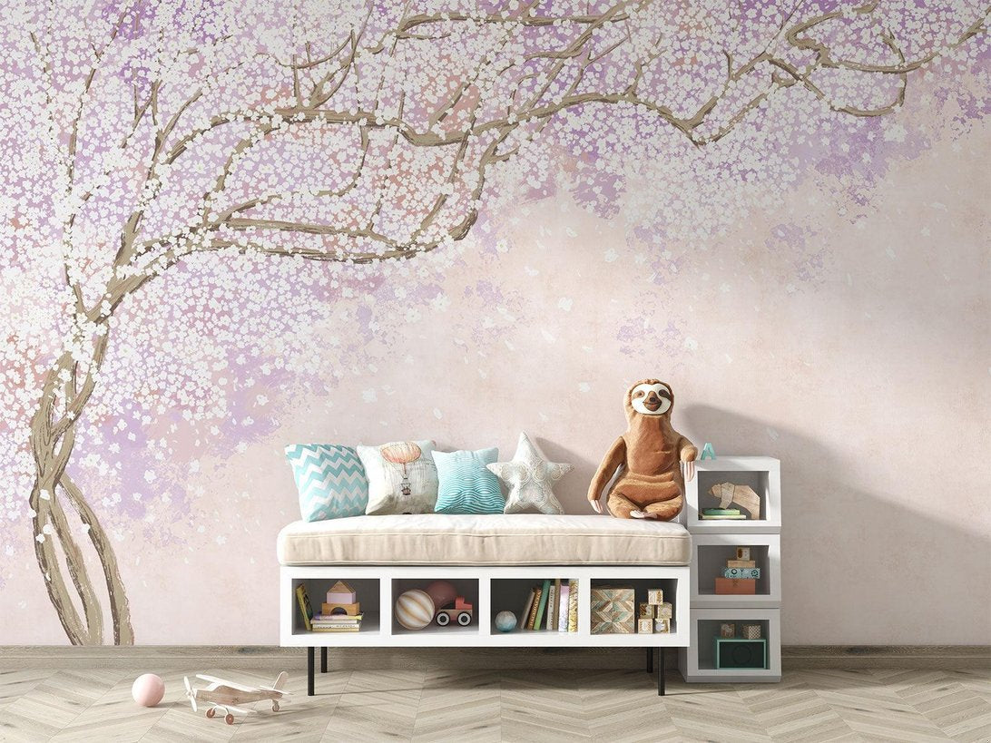 Japanese Cherry Blossom mural wallpaper in children's room with storage bench and toys