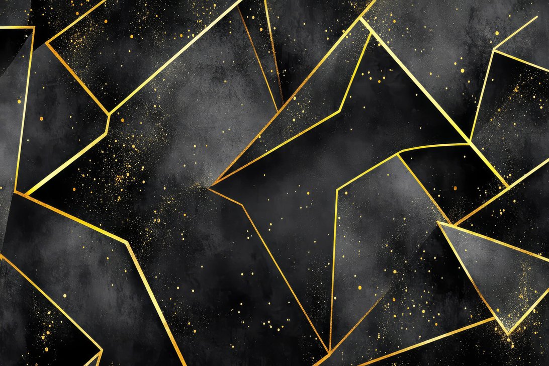 Full-room view of black and gold geometric mural wallpaper application