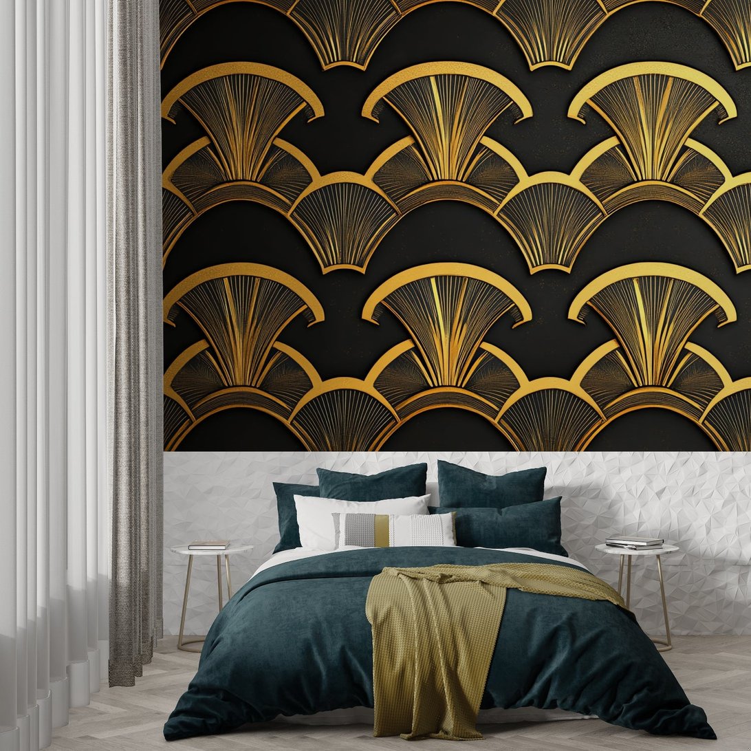 Detailed view of black and gold Art Deco fan pattern wallpaper