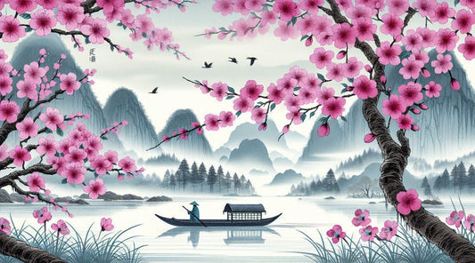 Japanese landscape mural wallpaper with pink cherry blossoms, misty mountains, and traditional boat on serene lake