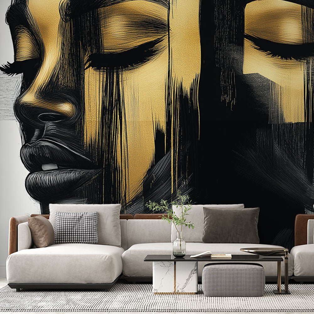 Abstract portrait mural wallpaper in black and gold showing dramatic brushstrokes in modern living room setting