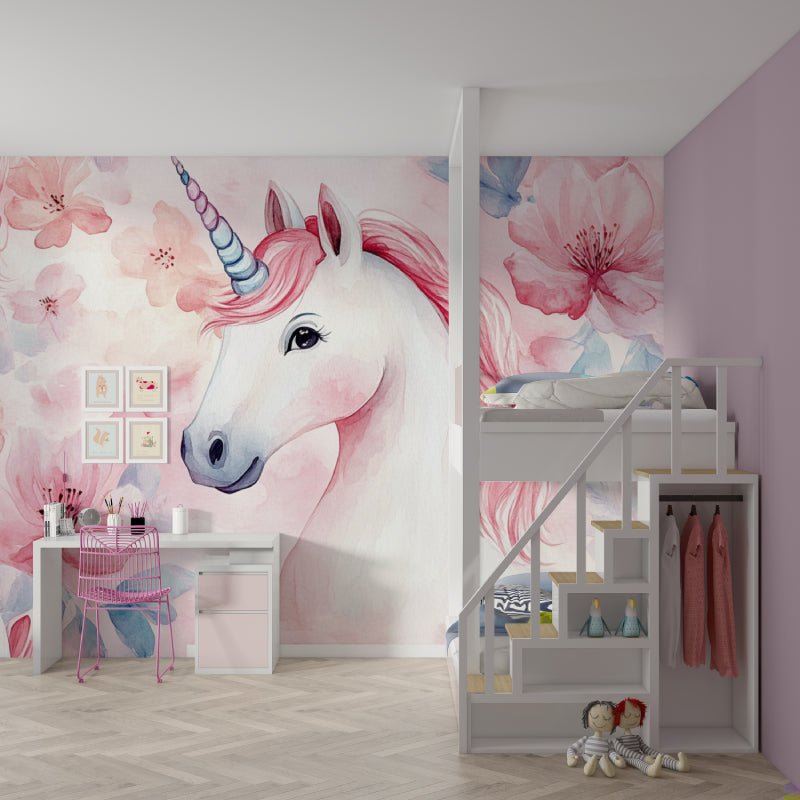 Close-up of unicorn mural wallpaper showing detailed watercolor artwork