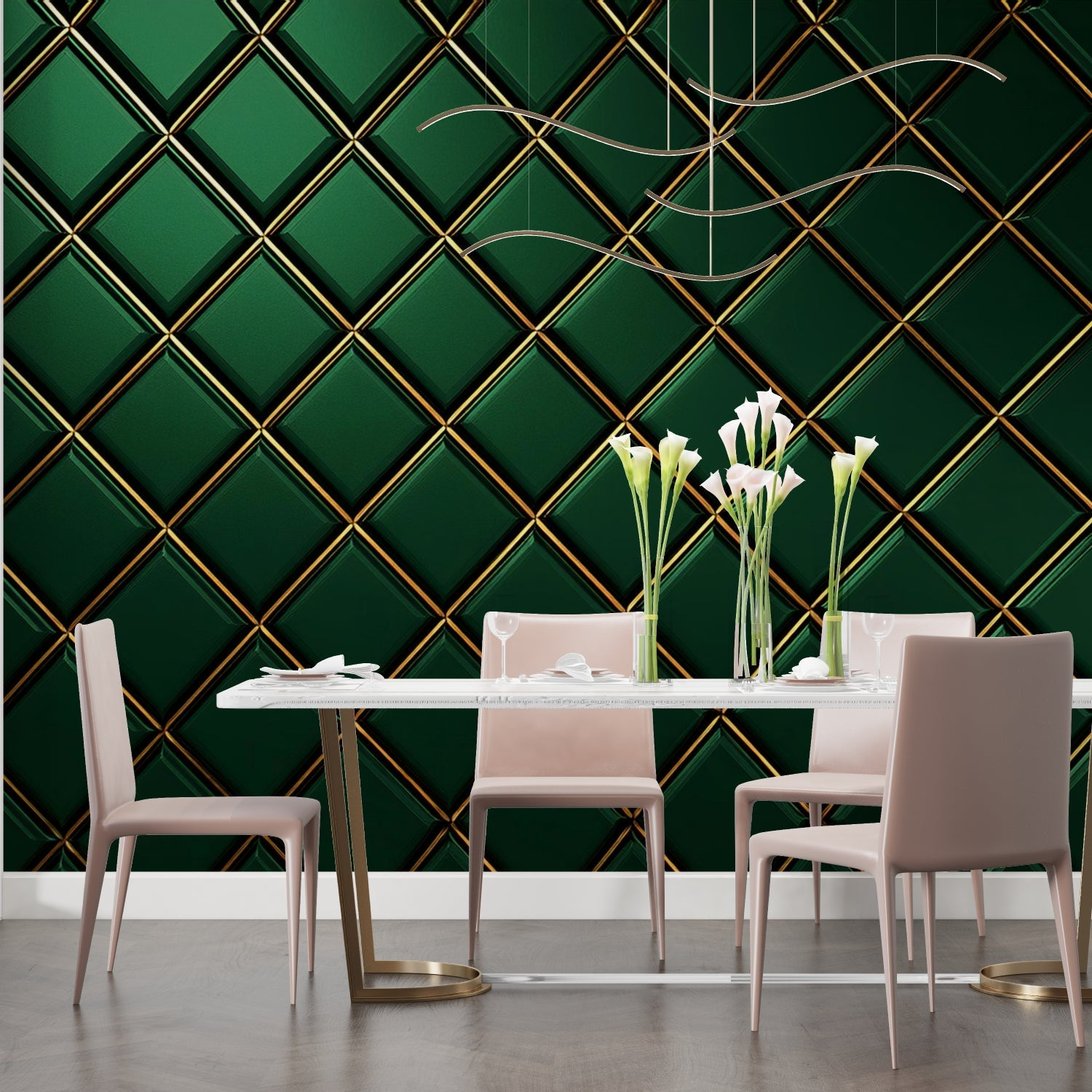 Elegant dining room featuring emerald green and gold geometric mural wallpaper with calla lilies