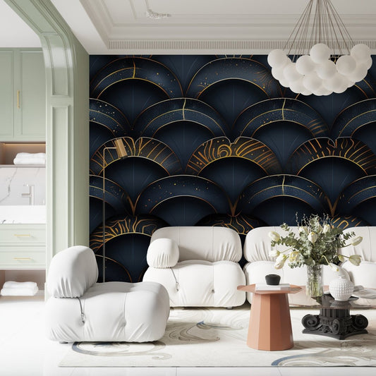 Art Deco navy blue and gold geometric arches mural wallpaper in modern living room with white furniture