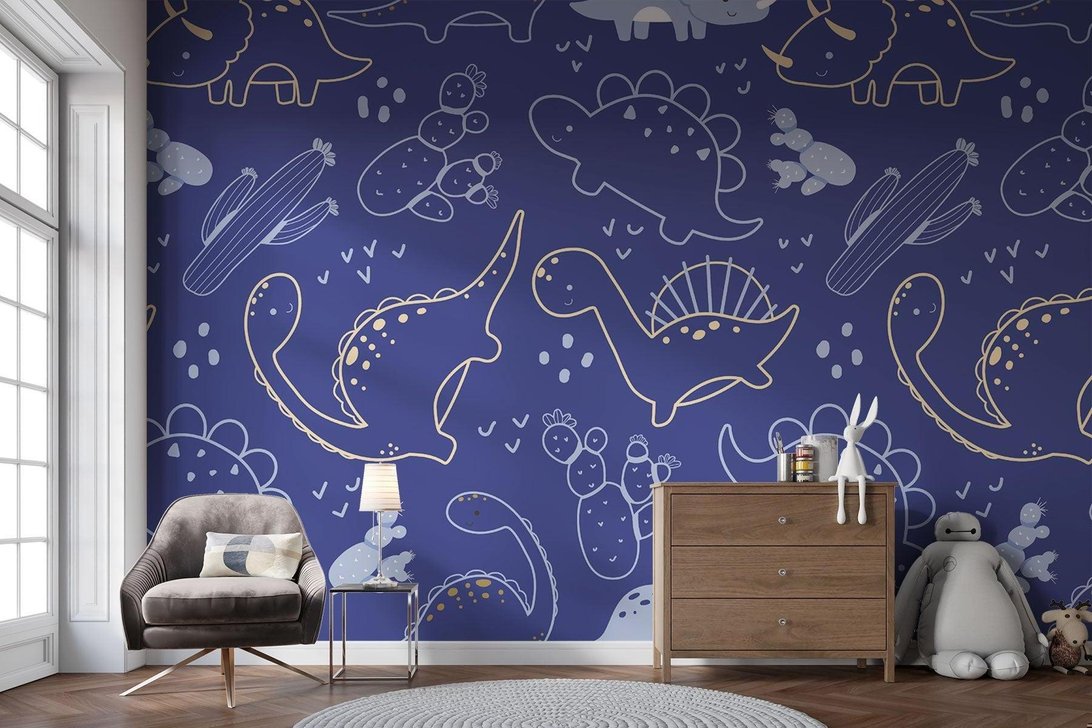 Modern dinosaur mural wallpaper featuring golden line art on navy blue background in nursery setting