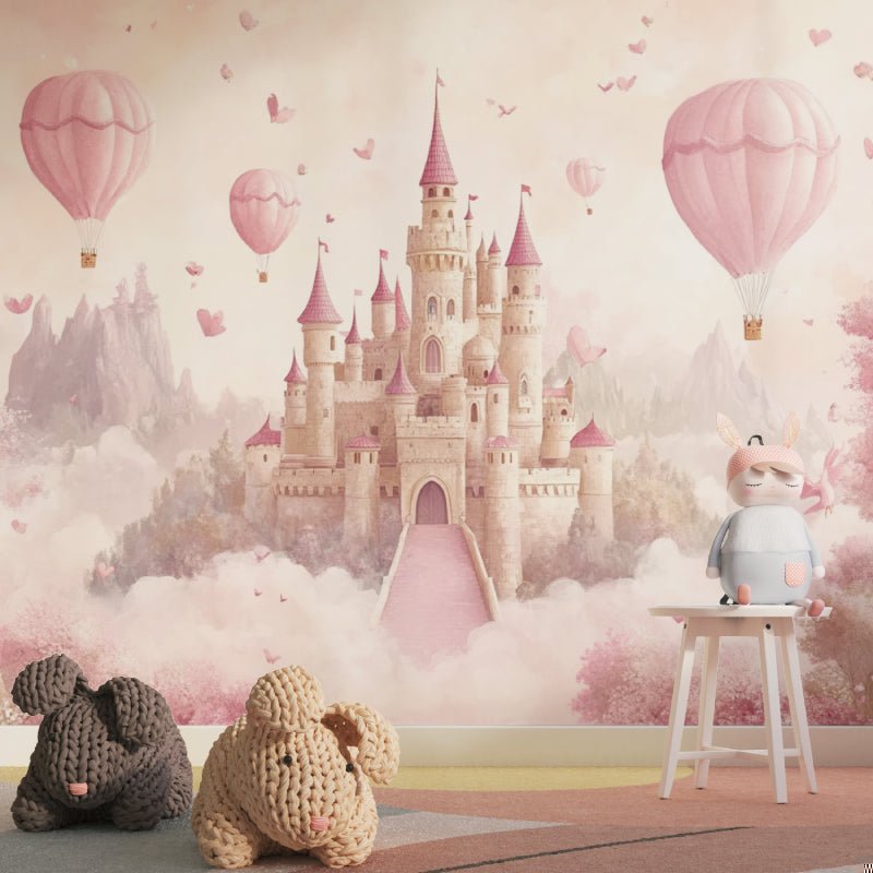 Dreamy castle mural wallpaper with pink hot air balloons in child's bedroom