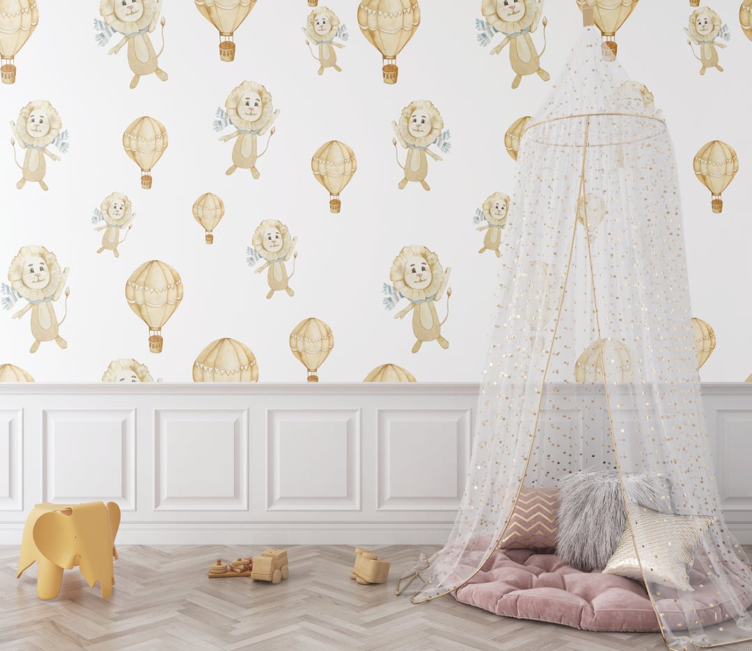 Close-up of beige lions and hot air balloons nursery wallpaper pattern with canopy decoration
