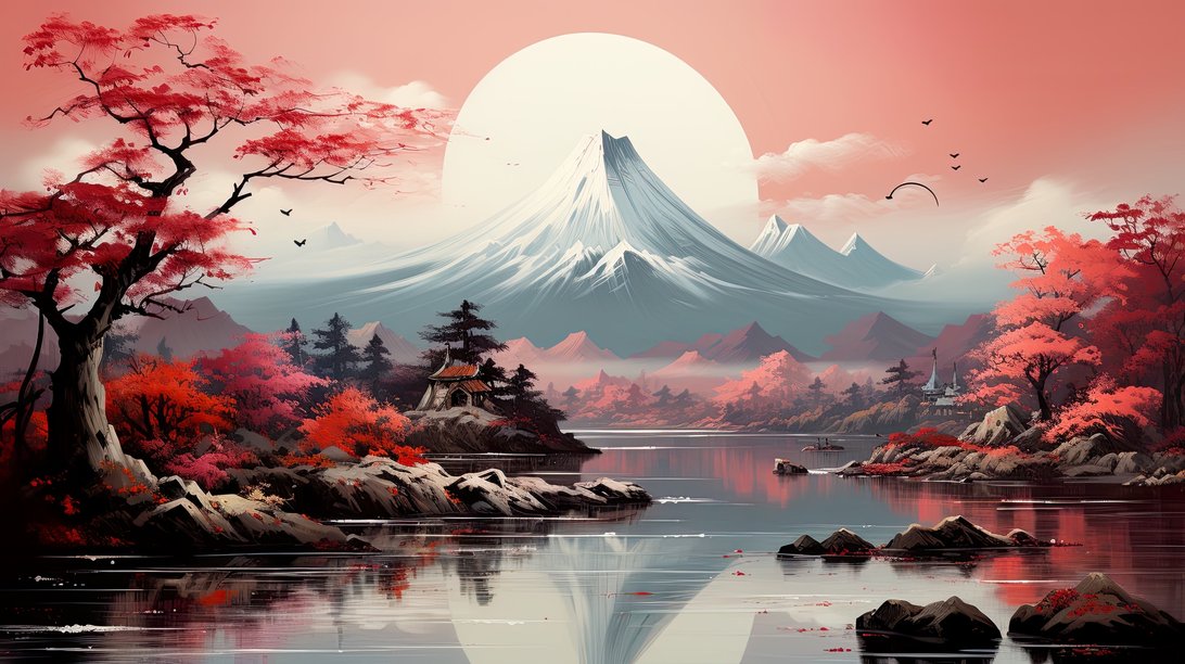 Detailed view of Mount Fuji landscape mural wallpaper with traditional pagoda