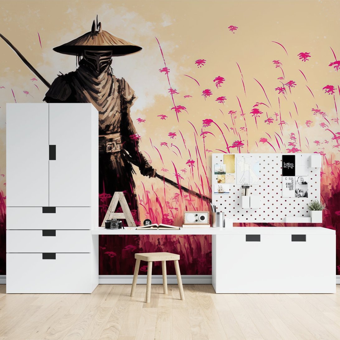 Japanese warrior wall mural in minimalist workspace with white furniture