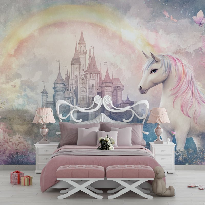 Enchanting unicorn mural wallpaper with fantasy castle in elegant bedroom setting