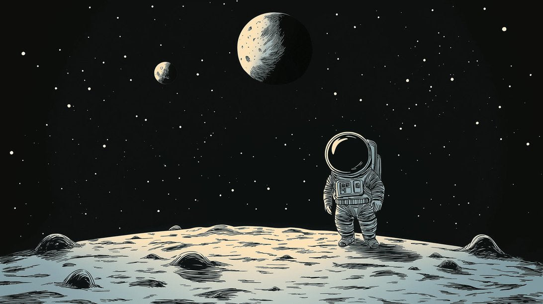 Detailed view of Space Explorer mural wallpaper featuring astronaut standing on lunar surface with planets in starry sky
