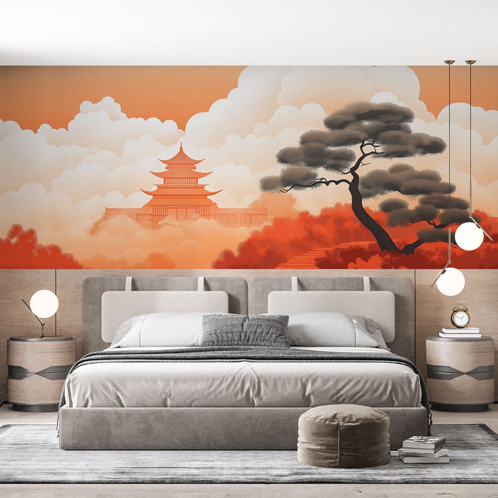 Japanese sunset mural wallpaper with pagoda and pine tree in coral tones, shown in modern bedroom setting