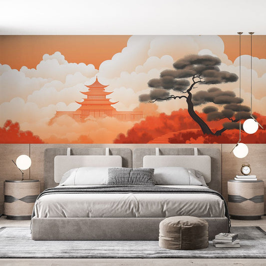 Japanese sunset mural wallpaper with pagoda and pine tree in coral tones, shown in modern bedroom setting