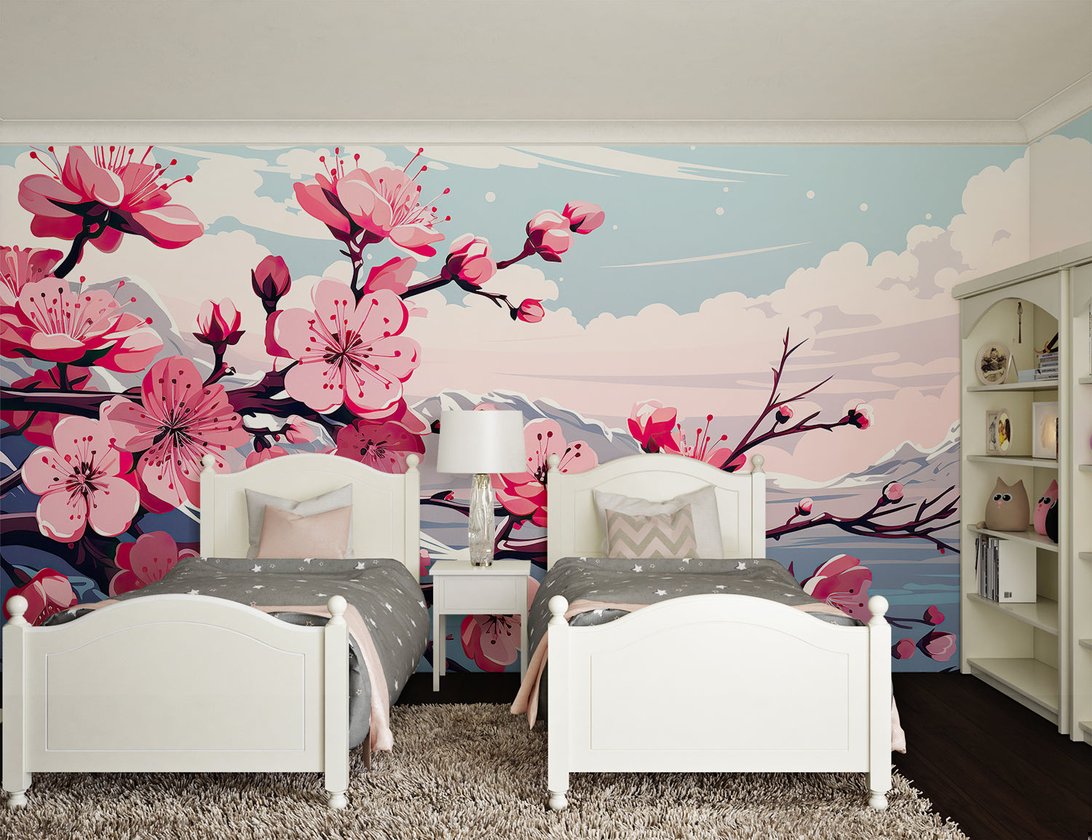 Pink sakura mural wallpaper in children's bedroom with twin white beds