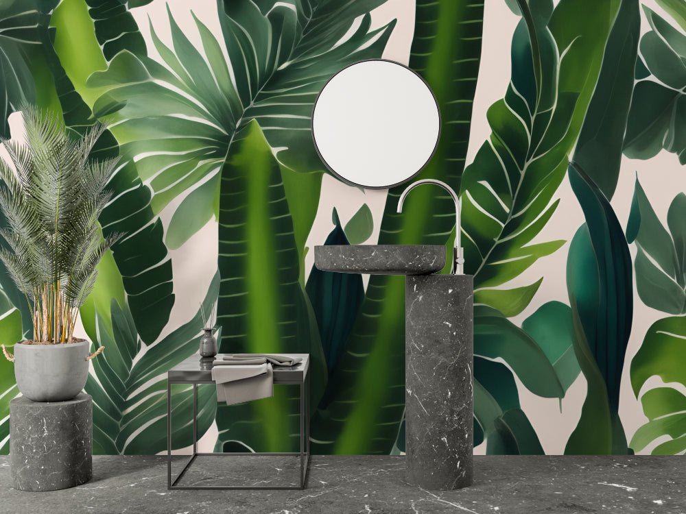 Contemporary bathroom detail with tropical palm leaf mural wallpaper