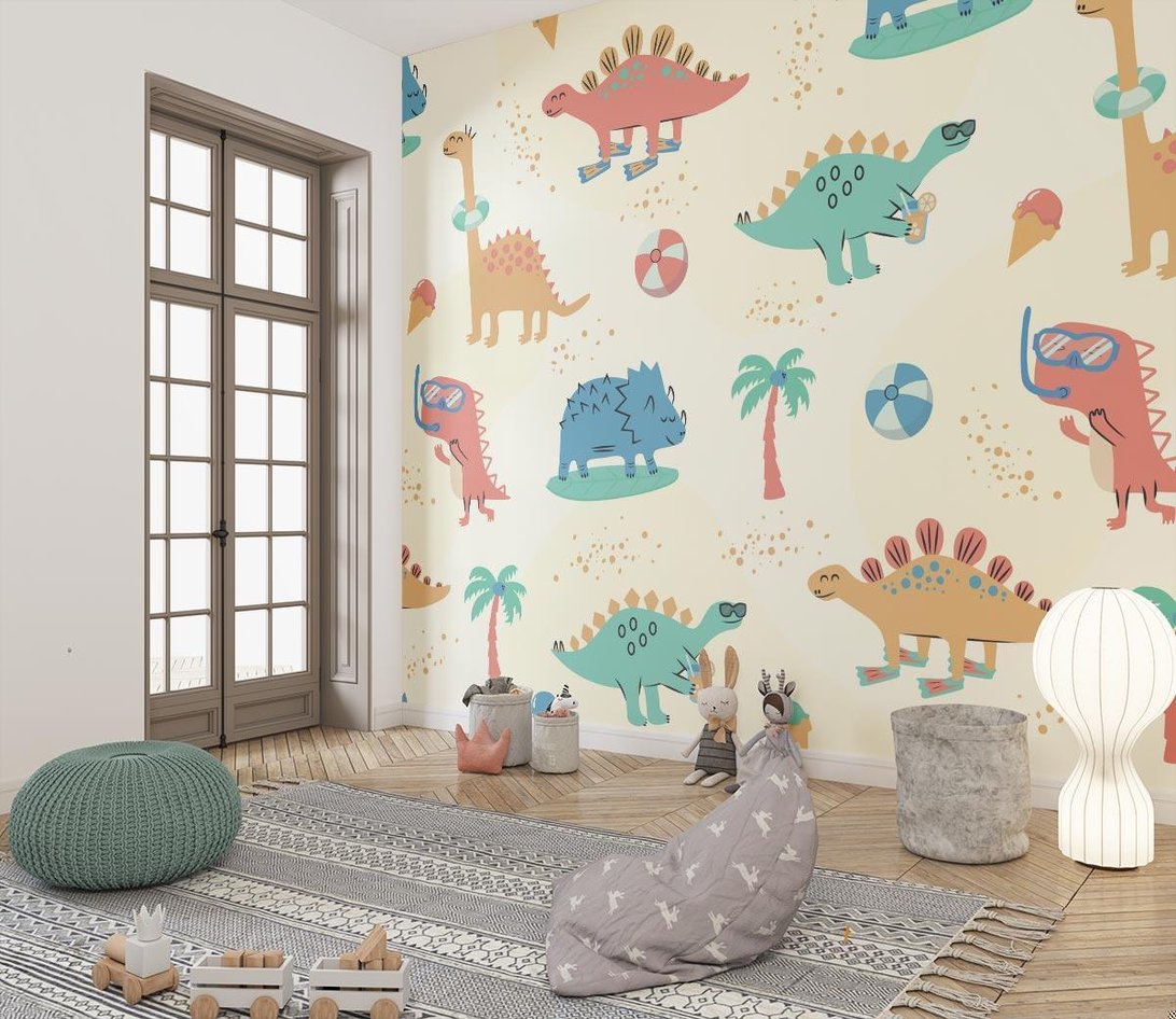 Playful dinosaur mural wallpaper with beach-themed dinosaurs and tropical palms in a modern nursery setting