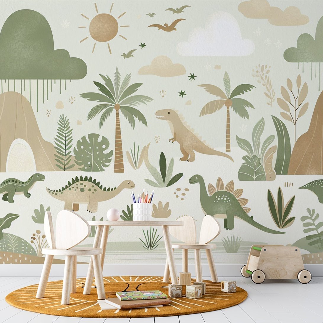 Sage green and beige dinosaur mural wallpaper with tropical landscape, shown in a children's room setting