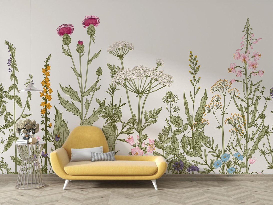 Detailed view of botanical wildflower mural wallpaper design