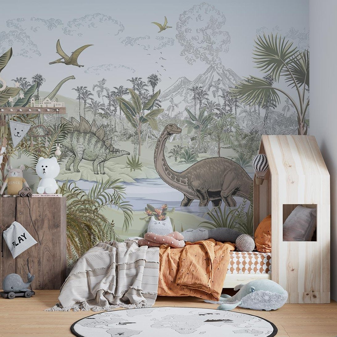Dinosaur themed kids room featuring prehistoric mural wallpaper with natural decor elements