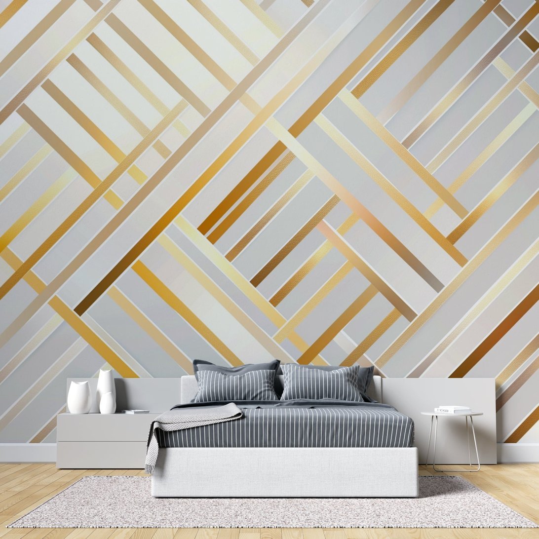 Elegant bedroom with geometric gold and white Art Deco mural wallpaper design