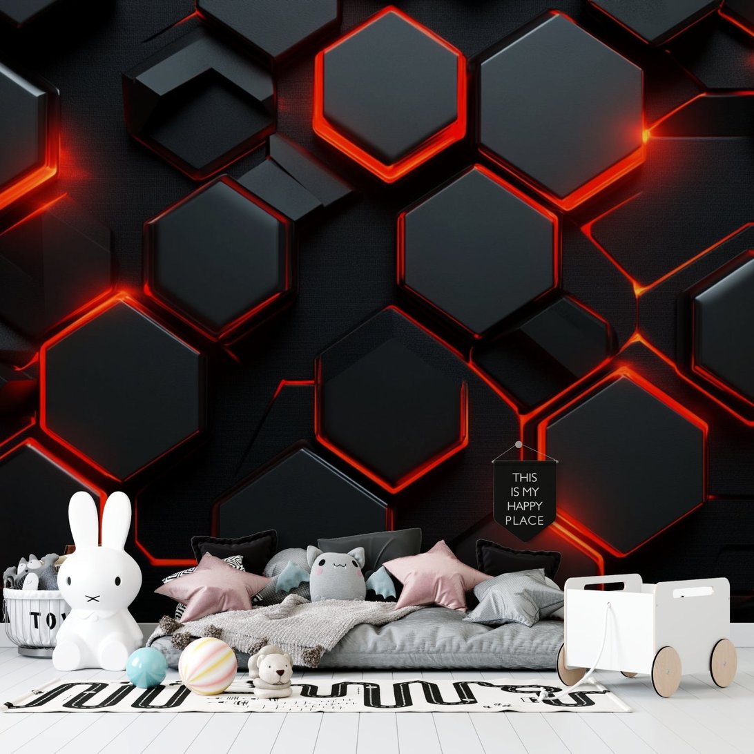 Close-up of 3D black hexagon mural wallpaper with red glowing outlines