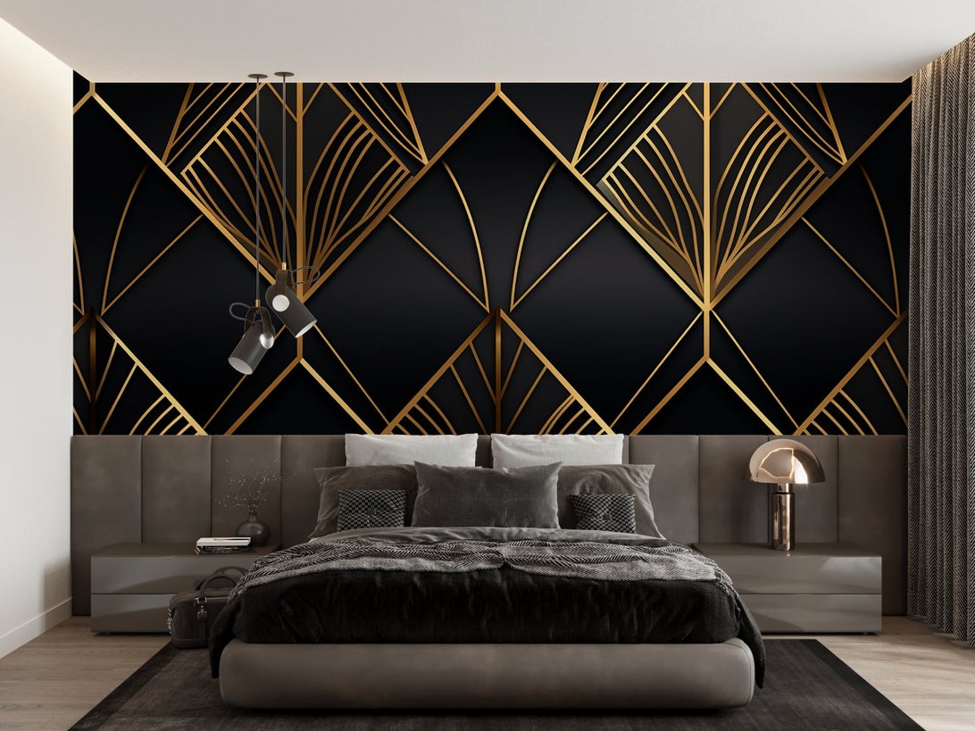 Art Deco geometric pattern mural wallpaper showcased in modern interior setting