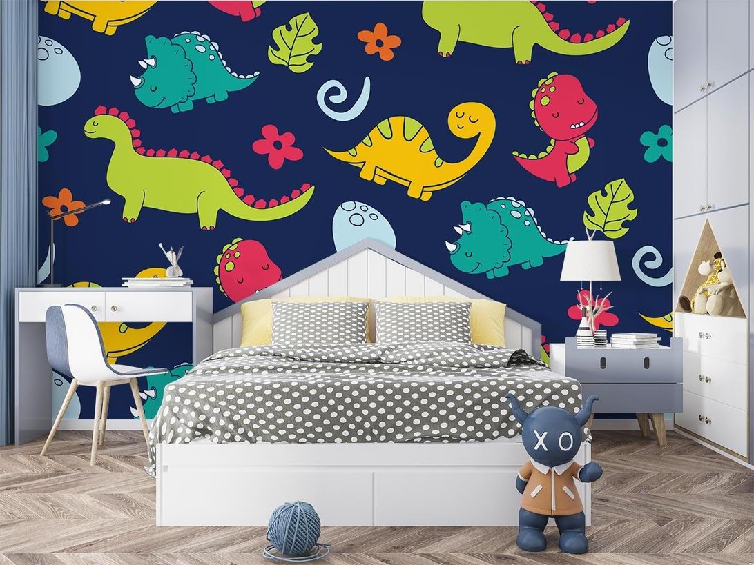 Colorful dinosaur mural wallpaper in a modern children's bedroom with white furniture