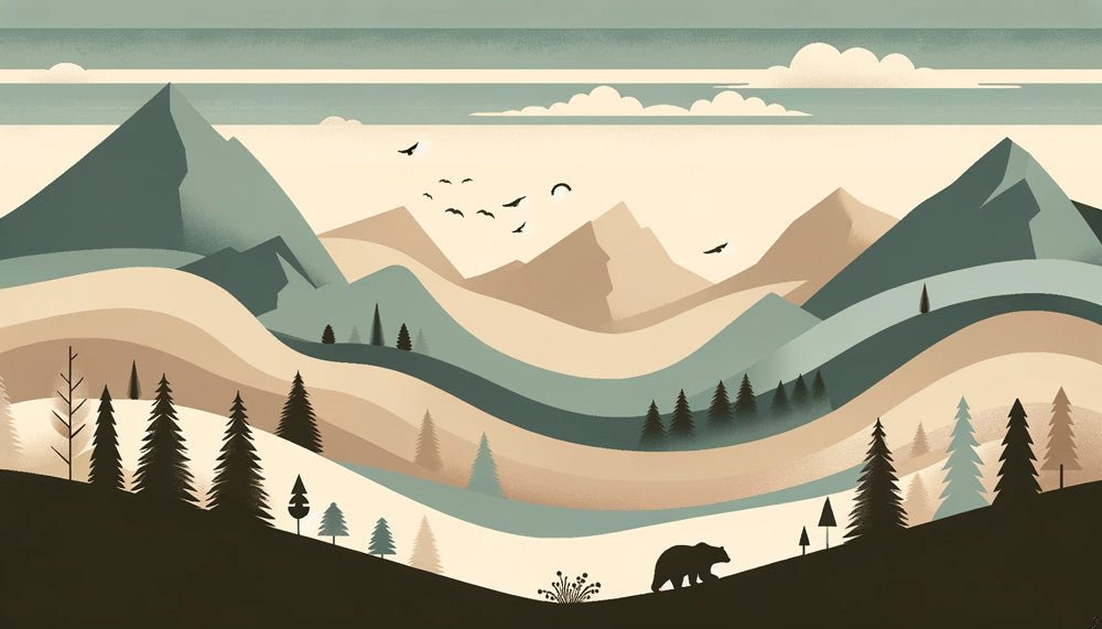 Panoramic mountain landscape mural wallpaper with bear silhouette and flying birds in sage green and beige tones