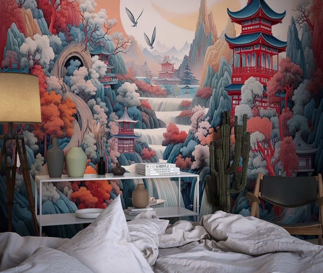 Detailed view of Japanese landscape mural wallpaper with waterfalls and pagodas in contemporary room setting